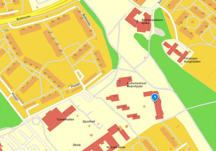 Kartbild över Tyresö kulturskola, Kvarnhjulet, Pluggvägen 6 A. Bilden är hämtad från Eniro
