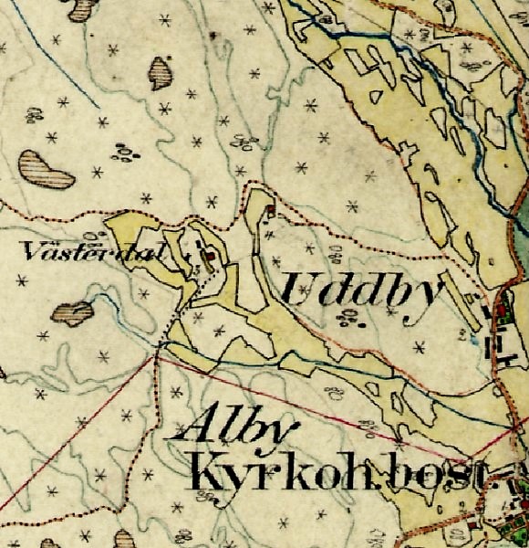 Byvägen mellan Alby och Uddby gård och vidare norrut. En mindre väg mot Ahlstorp och torpet Västerdal, nu rivet. Utsnitt ur Häradskartan 1906.