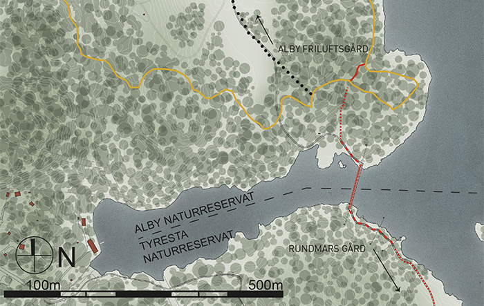 Den planerade brons från Alby naturreservat till Tyresta naturreservat