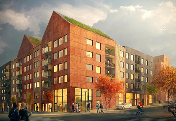 Illustration av flerbostadshus i fem våningar och lokaler i bottenvåningen. Gröna tak på husen i förgrunden. Arkitekt: Link arkitektur.