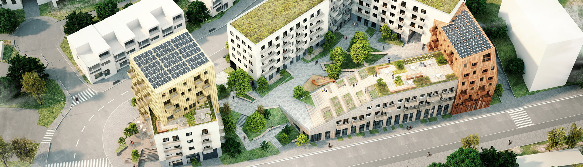 Översiktsbild över ett triangulärt bostadskvarter med 7 hus i skala mellan 3-7 våningar, runt en innergård. Gröna tak och solpaneler. 