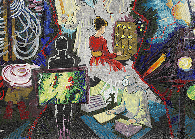 Detalj av färgrik mosaik med människor och teknik