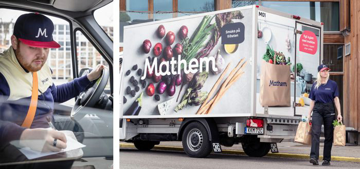 Bilder på hur Mathems bilar ser ut, och hur chaufförerna som levererar är klädda.