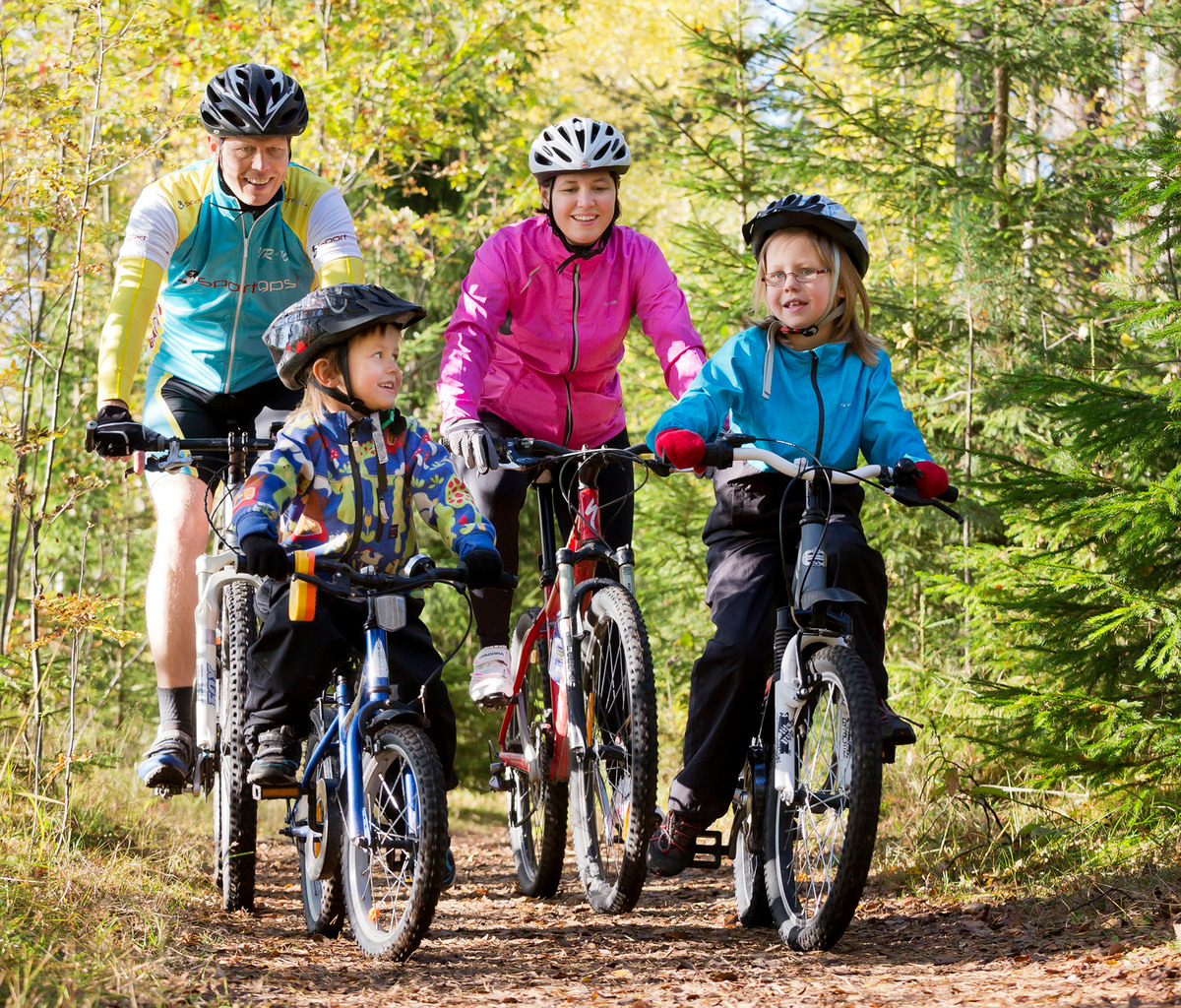 Familj cyklar i skogen