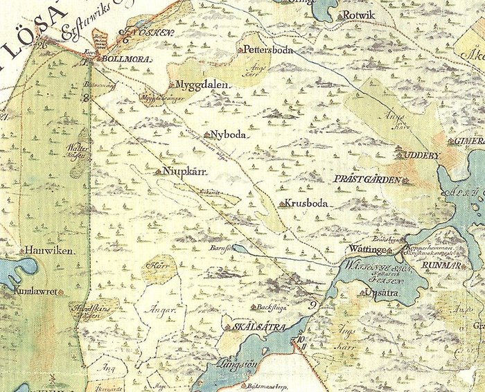Utsnitt av karta över Tyresö från 1750-talet
