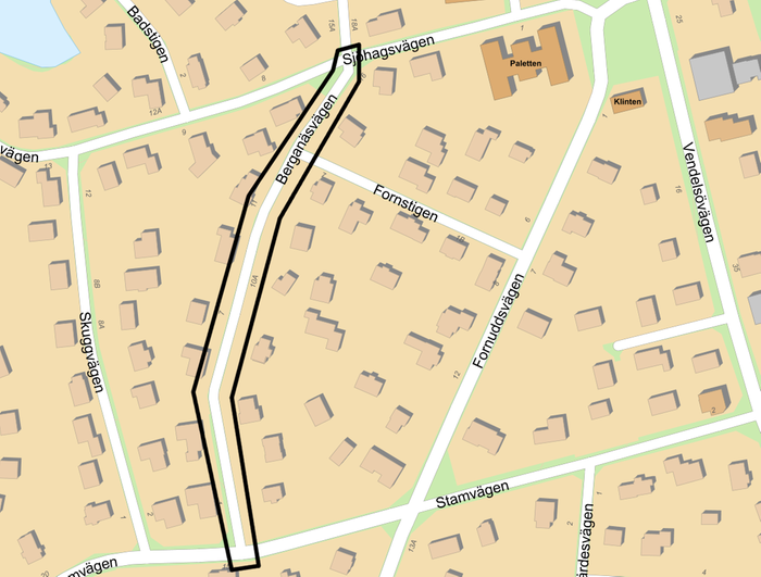 Bild på karta över Berganäsvägen mellan Sjöhagsvägen och Stamvägen