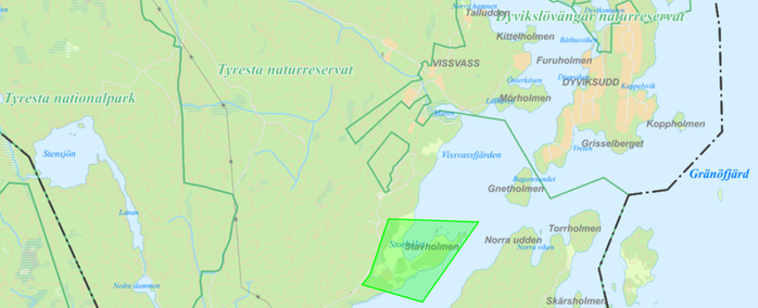 Ungefärlig plats för Spirudden och Stavholmen utmärkt på karta