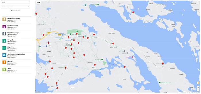 Karta över återvinningsstationerna i Tyresö
