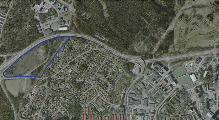 Satellitbild områdets läge i utkanten av Tyresö kommun i blått.