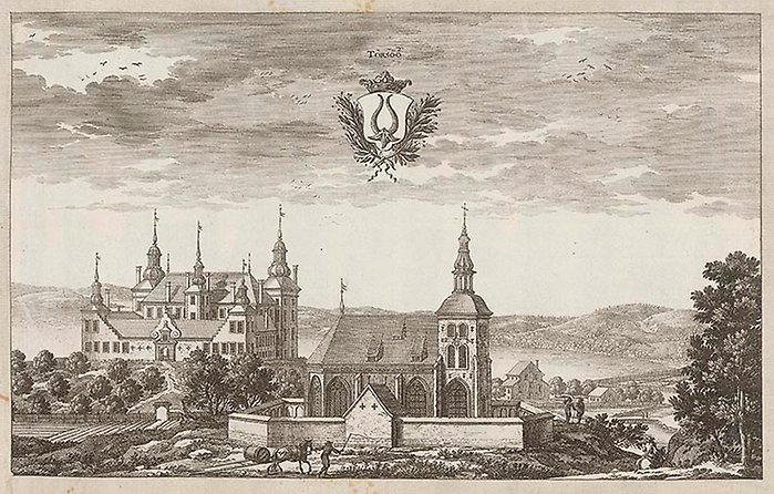 Gravyr som föreställer Tyresö slott och kyrka på 1600-talet
